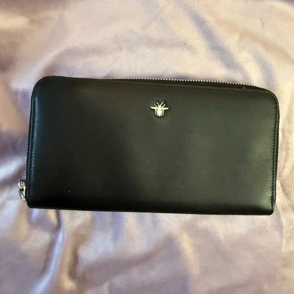 Dior Black Zip-Around Leather Wallet with Silver Bee Accent
